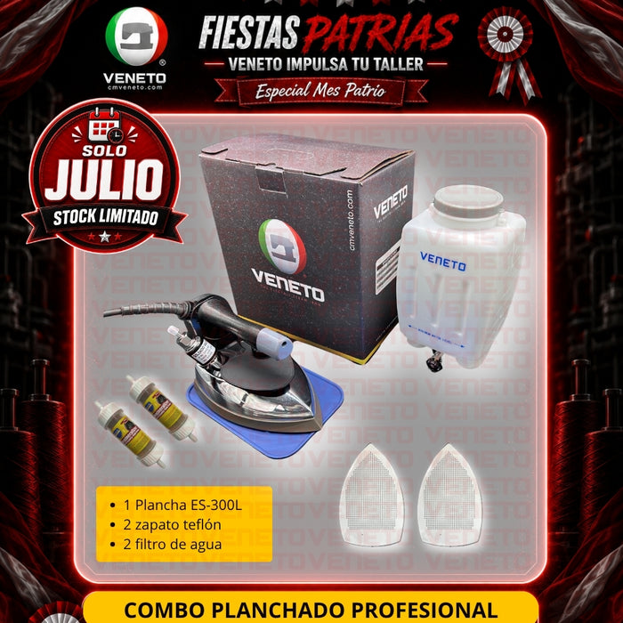 Combo Plancha a Vapor Veneto ES-300L con Zapatos de Teflón y Filtros